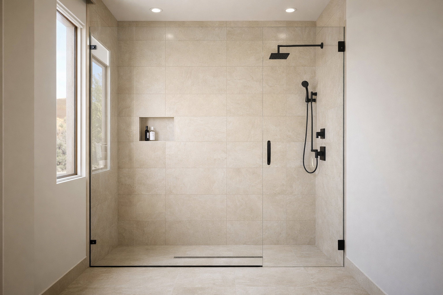 Large walk-in tile shower with frameless glass - TJC Remodeling
