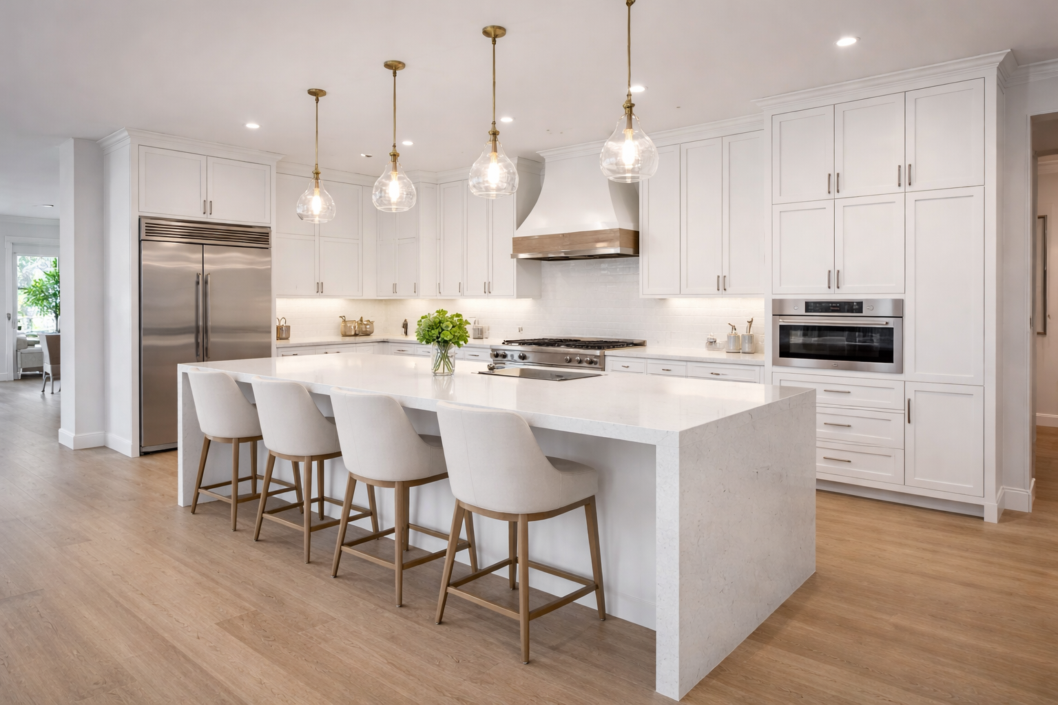 Luxury kitchen remodeling in Gilbert and Mesa AZ with quartz island and custom white cabinets