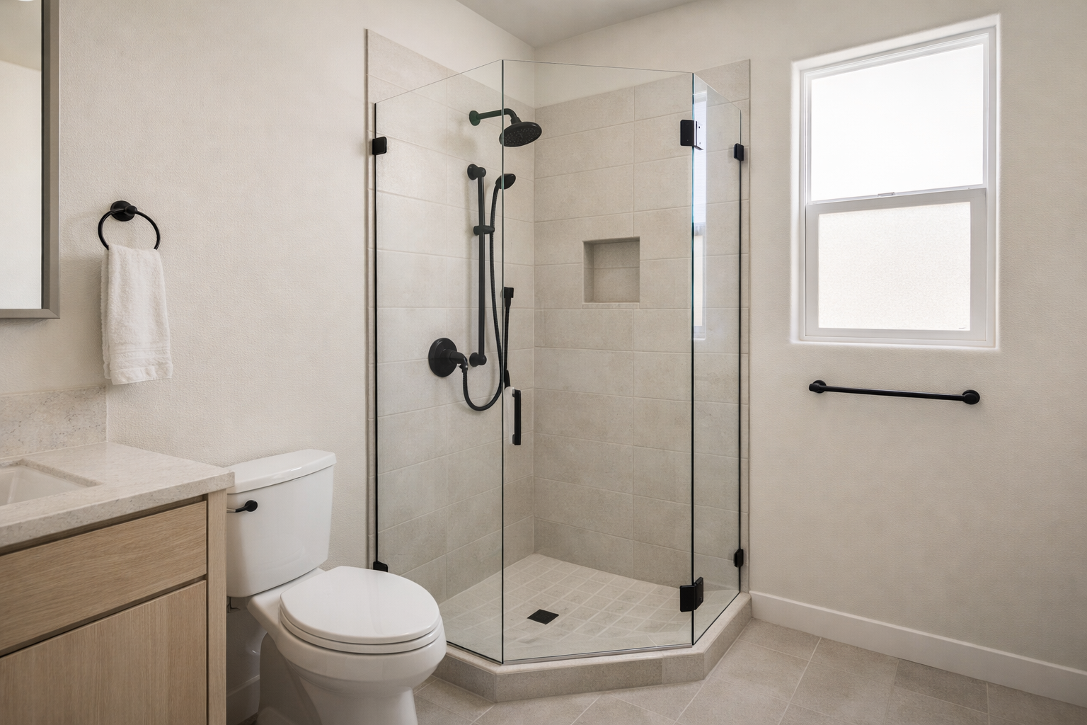 Modern corner walk-in shower in Arizona home - TJC Remodeling