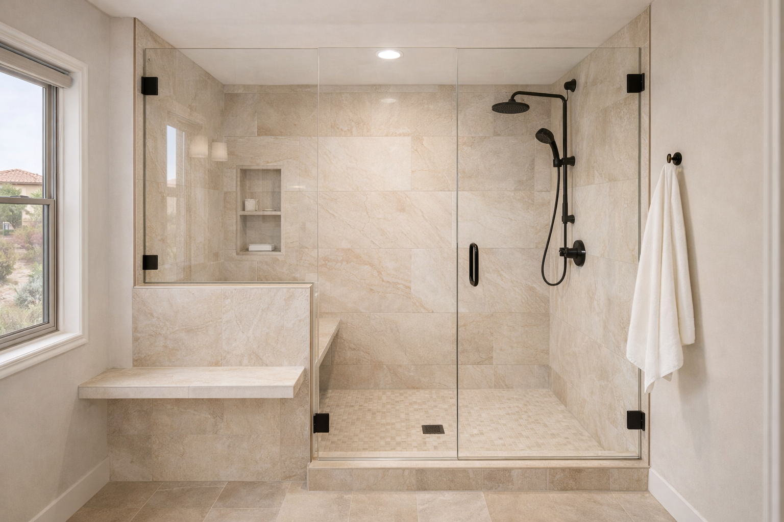 Walk-in shower remodeling in Gilbert AZ with frameless glass and bench