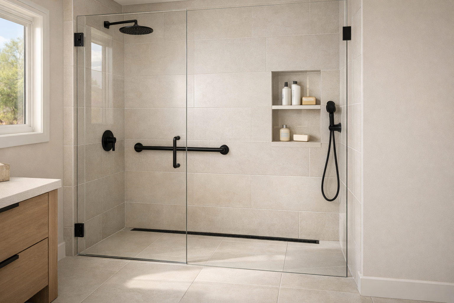 Spa-style walk-in shower with black accents - TJC Remodeling Arizona