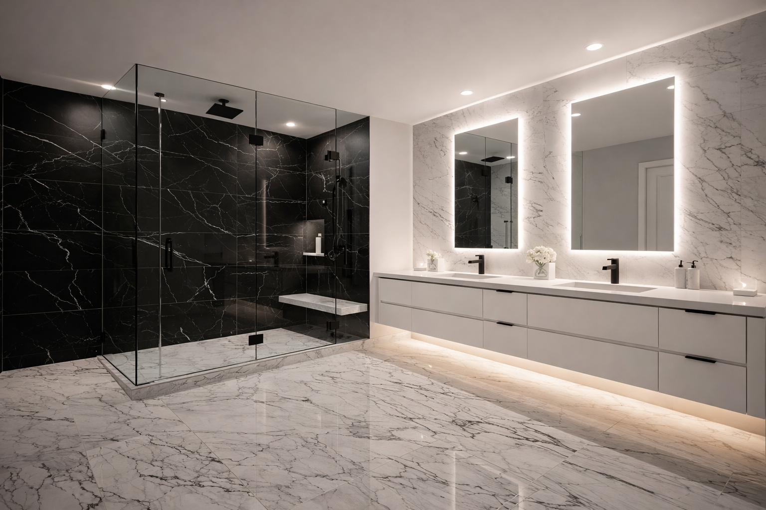 Modern bathroom remodeling in Gilbert and Mesa AZ with white tile, black fixtures, and frameless glass shower