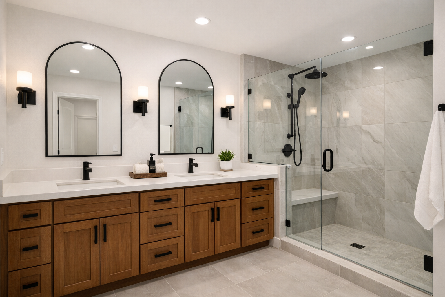 Bathroom vanity remodel in Gilbert AZ with double sinks and quartz countertop