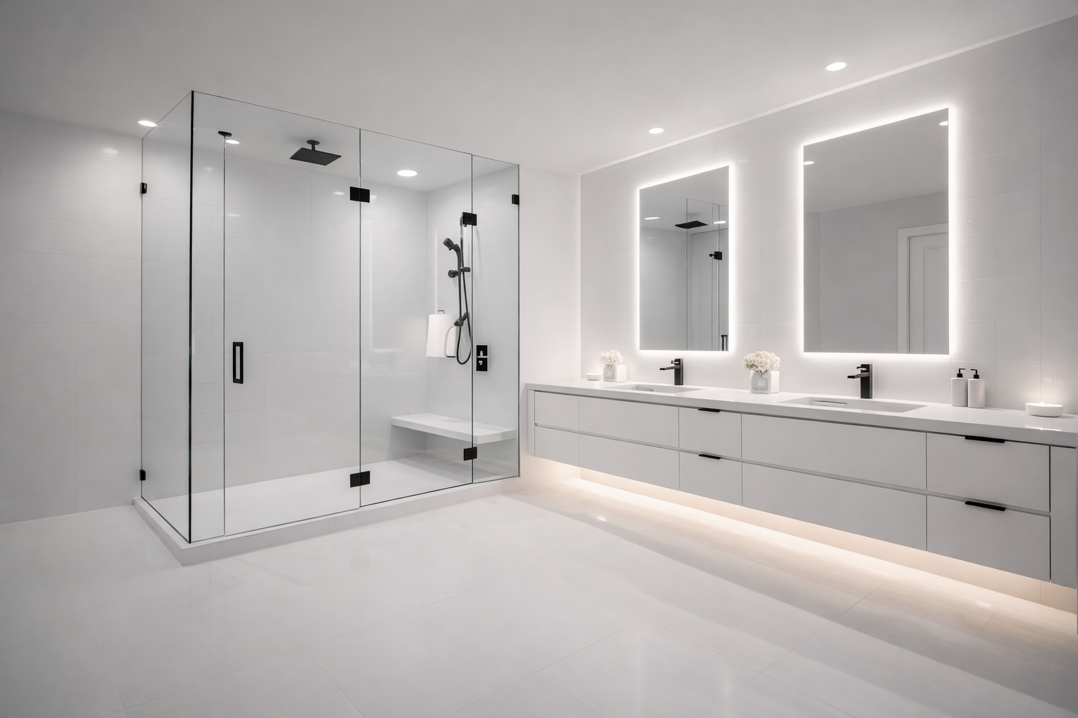 White bathroom remodel contractor in Gilbert AZ with frameless glass shower and modern vanity