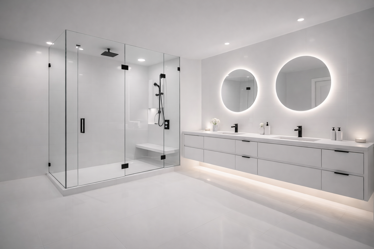 Luxury bathroom remodeling in Gilbert and Mesa AZ with frameless glass shower and round mirrors