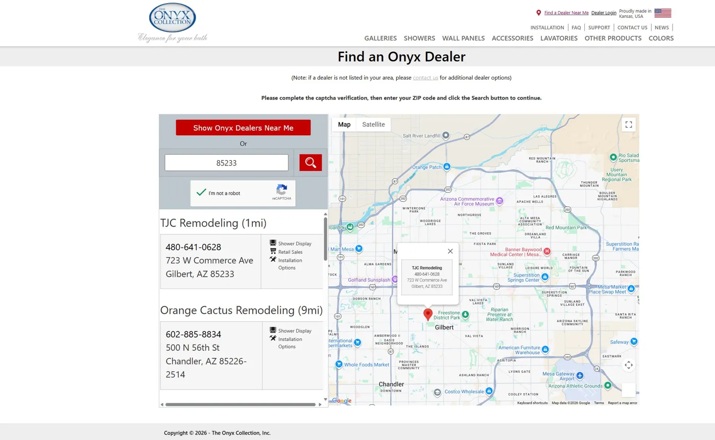 TJC Remodeling listed as the closest Onyx Collection dealer on Onyx's official dealer map