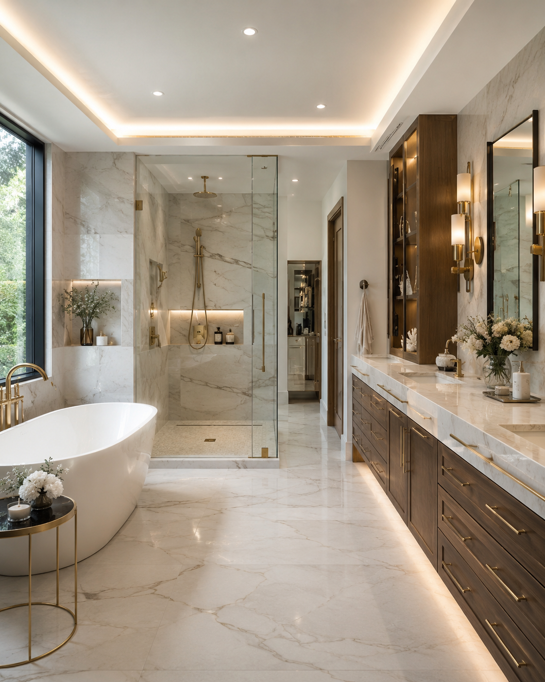 Large luxury bathroom with freestanding tub, walk-in shower, marble surfaces, and double vanity