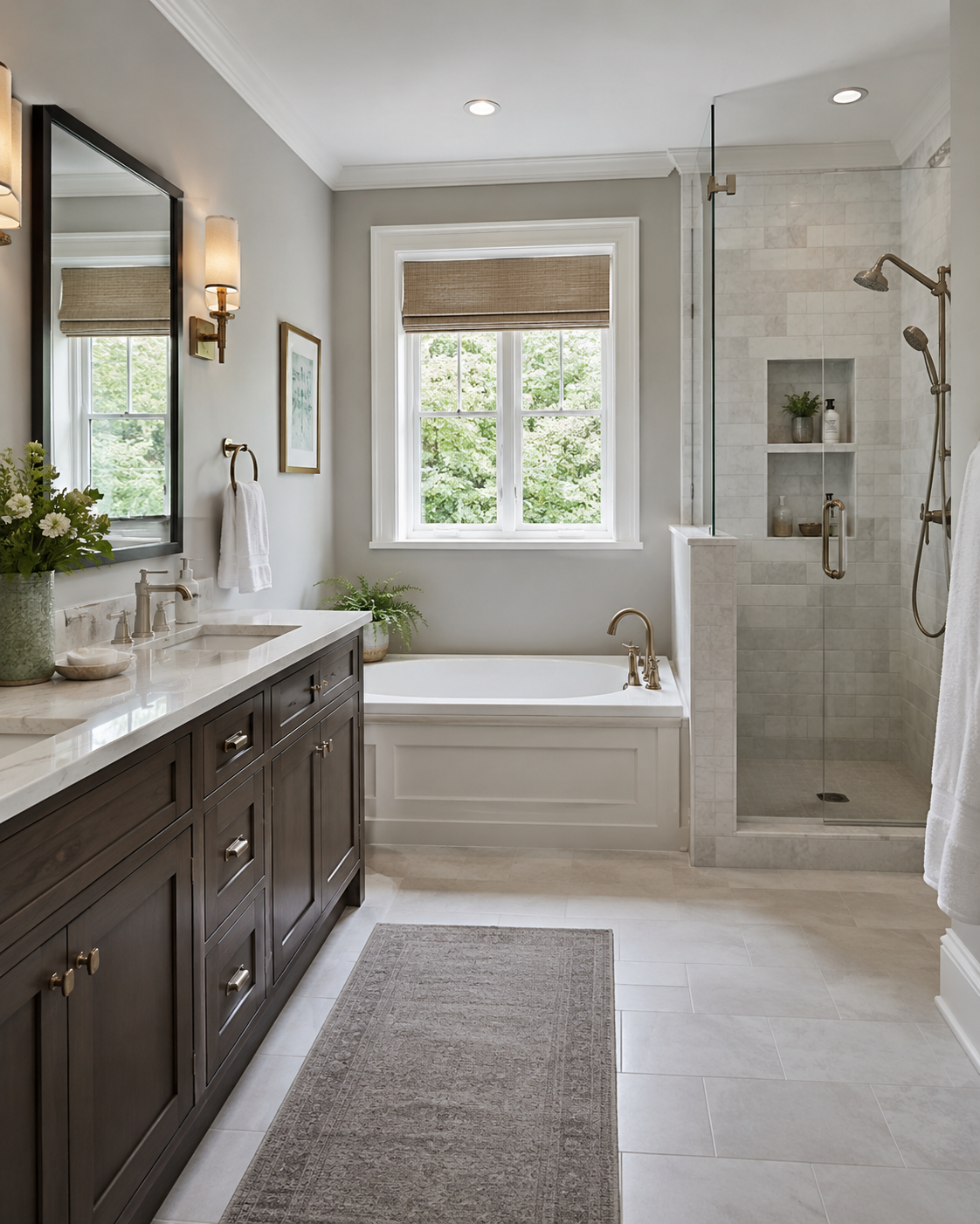Traditional bathroom with dark vanity, alcove tub, glass shower, bright window, and neutral flooring