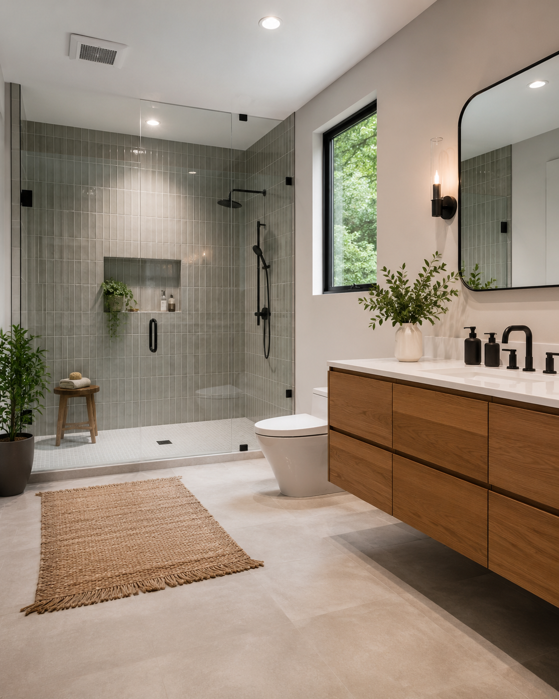 Modern walk-in shower bathroom with green vertical bathroom tile and floating wood vanity