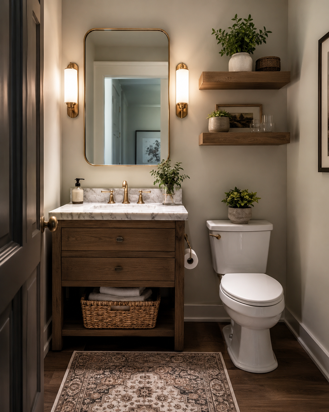 Small guest bathroom with wood vanity, toilet, framed mirror, wall shelves, and warm lighting