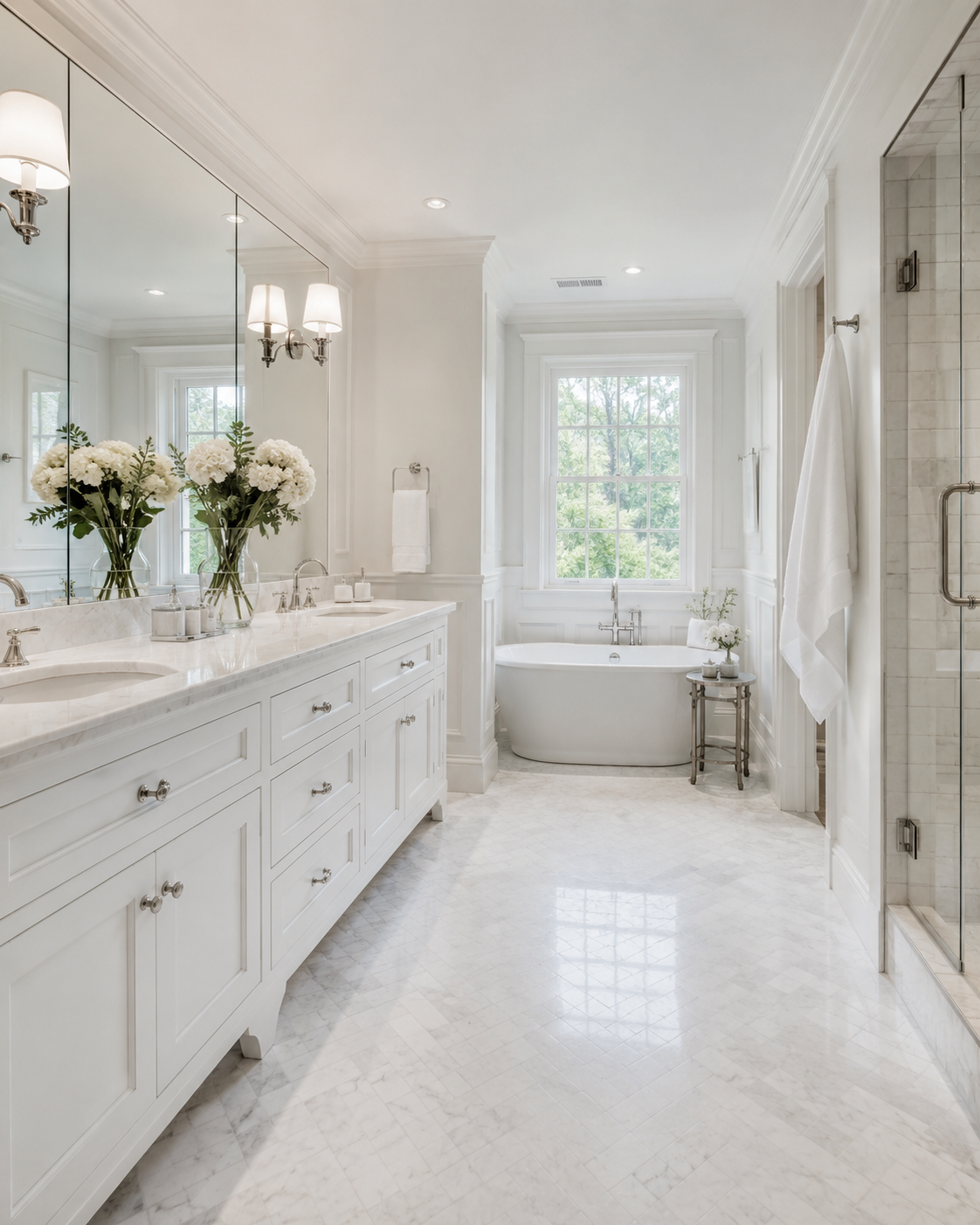 Elegant white bathroom with long vanity, freestanding tub, marble floor, and glass shower