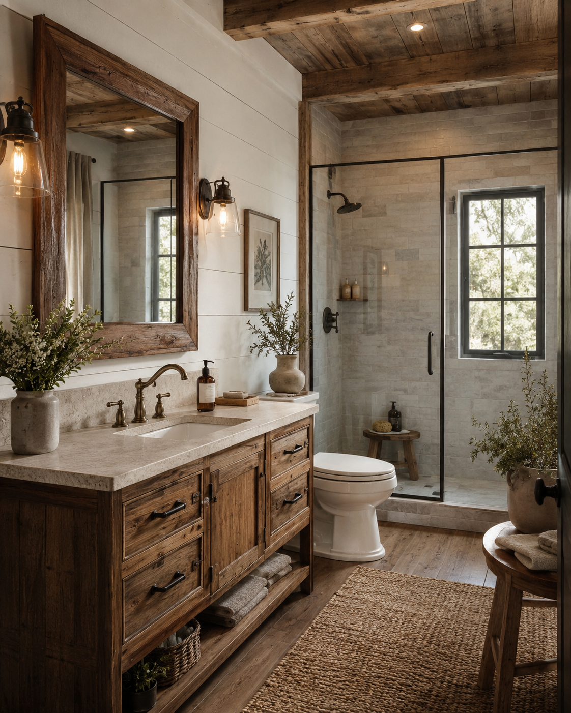 Rustic farmhouse bathroom with wood vanity, wood ceiling, framed mirror, and glass shower