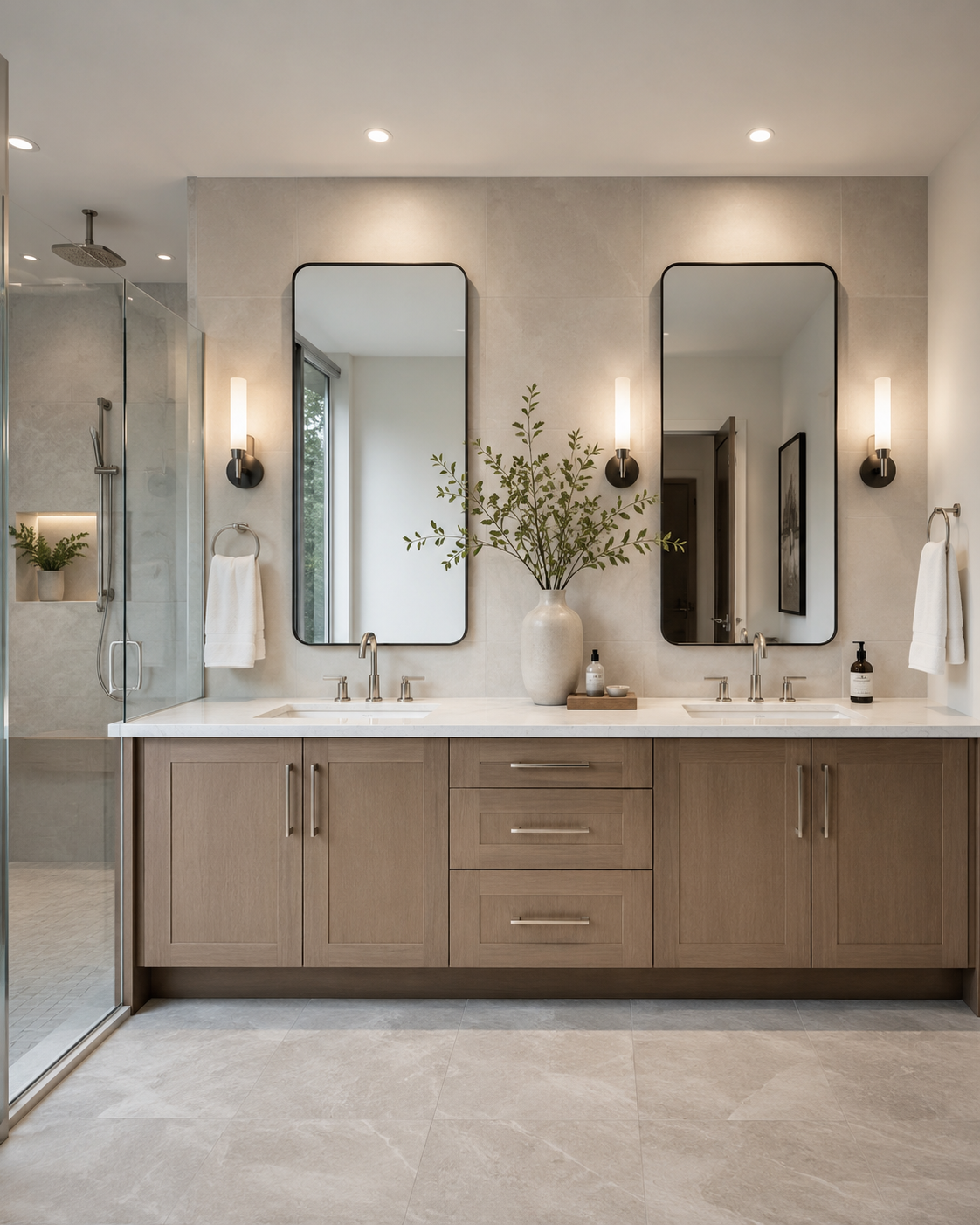 Double vanity bathroom with two mirrors, walk-in shower, light wood cabinetry, and neutral bathroom tile