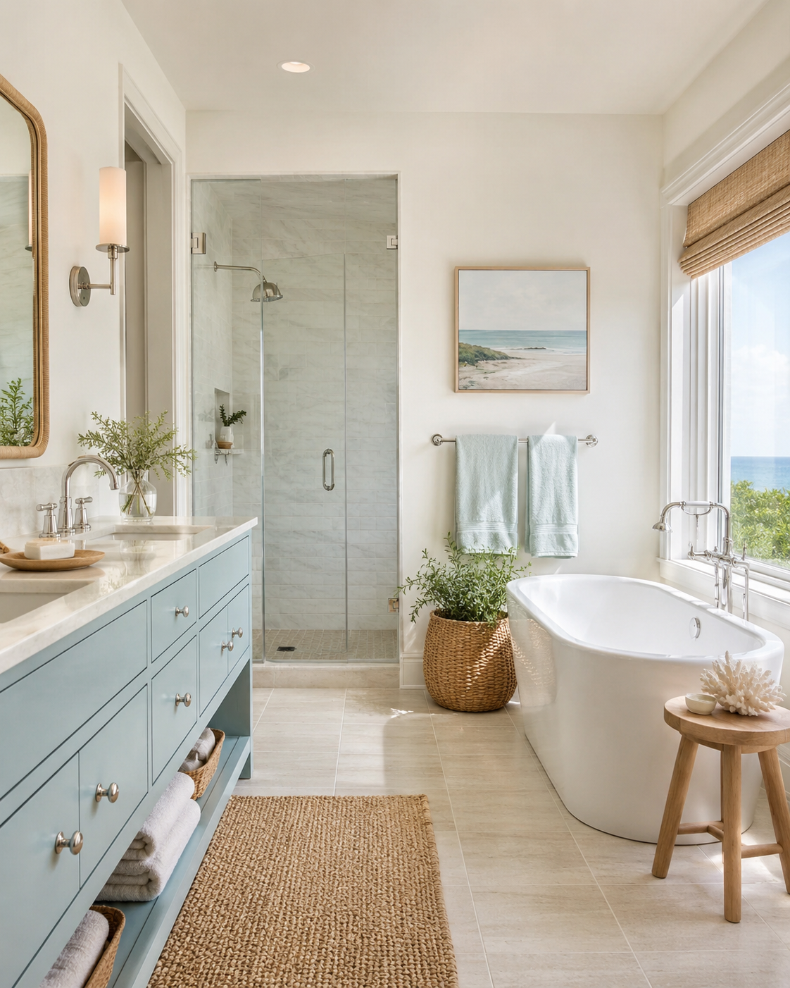 Coastal inspired bathroom with blue vanity, freestanding tub, glass shower, and bright window
