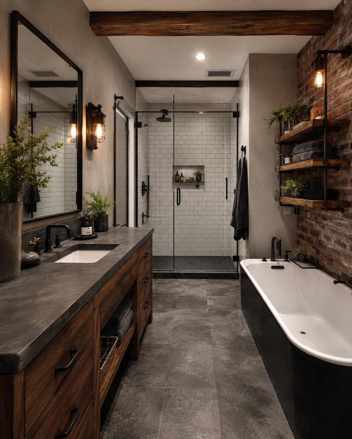 Industrial rustic bathroom with dark floors, brick accent wall, black fixtures, tub, and walk-in shower