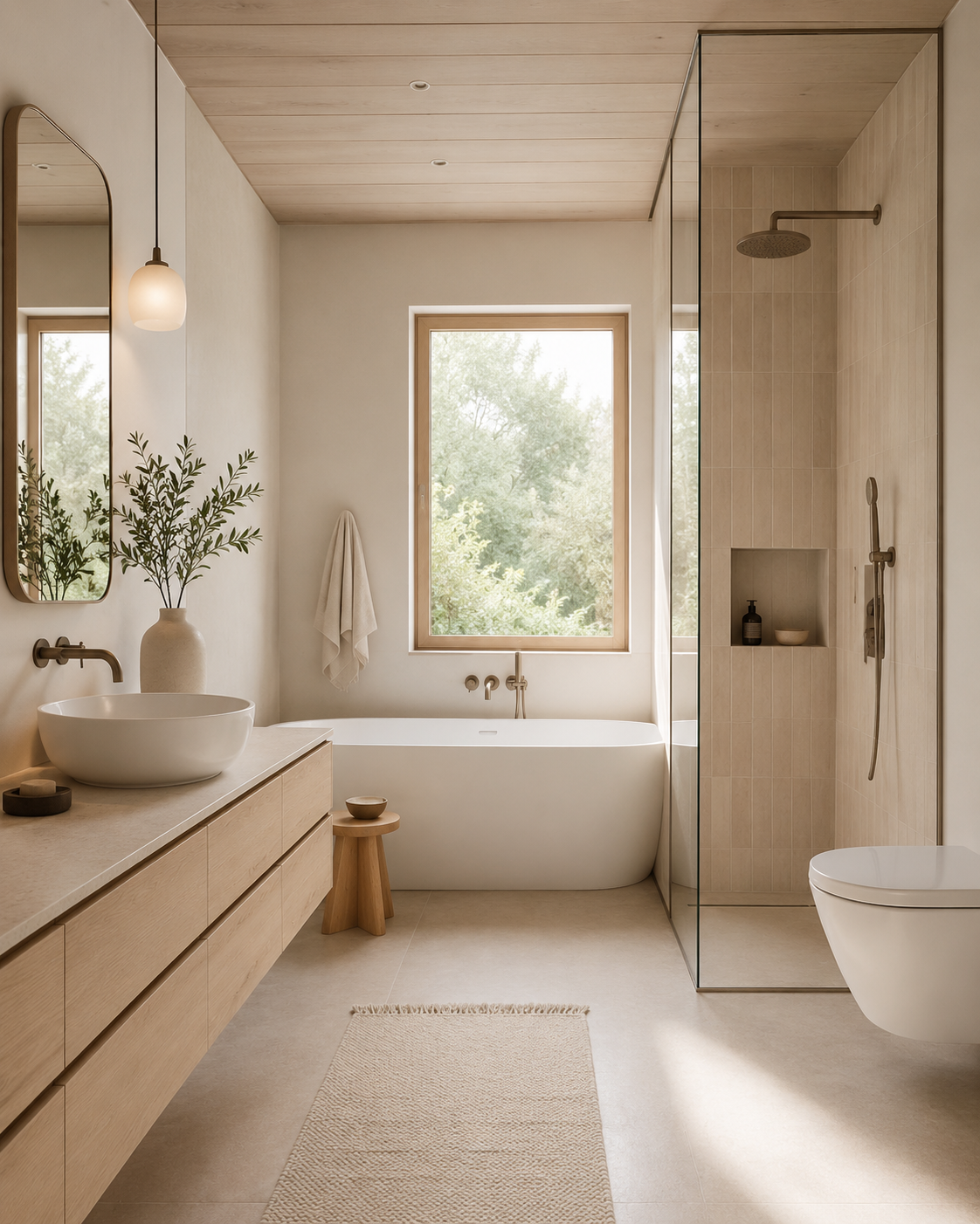Serene Scandinavian bathroom with light wood vanity, vessel sink, freestanding tub, glass shower, and neutral finishes