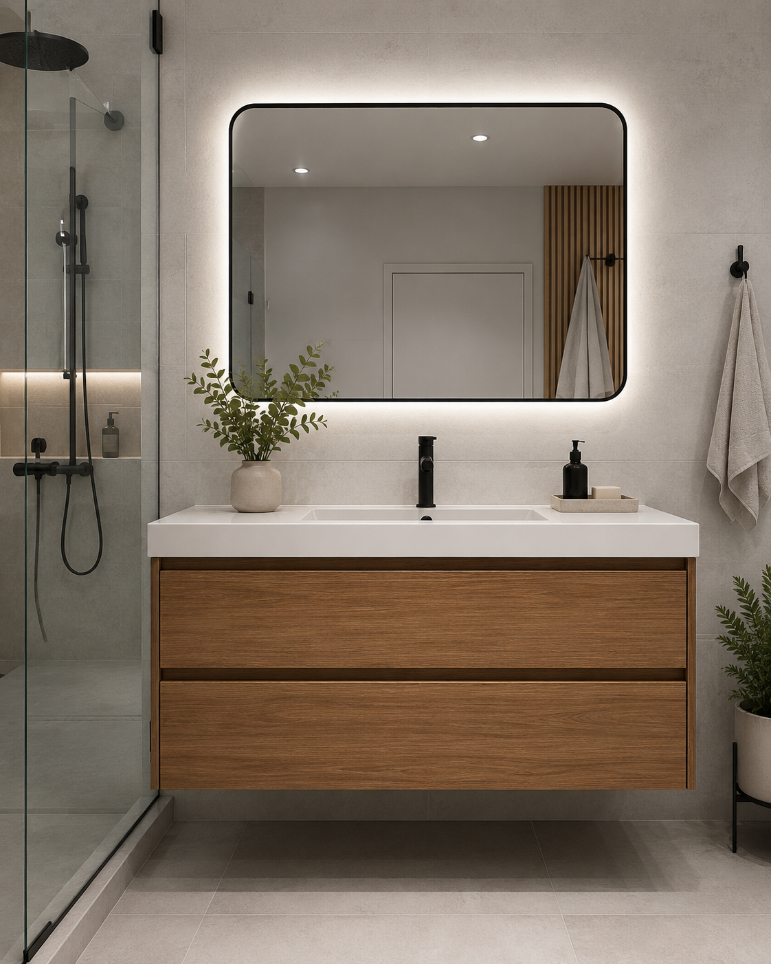 Modern floating bathroom vanity with wood drawers and black faucet