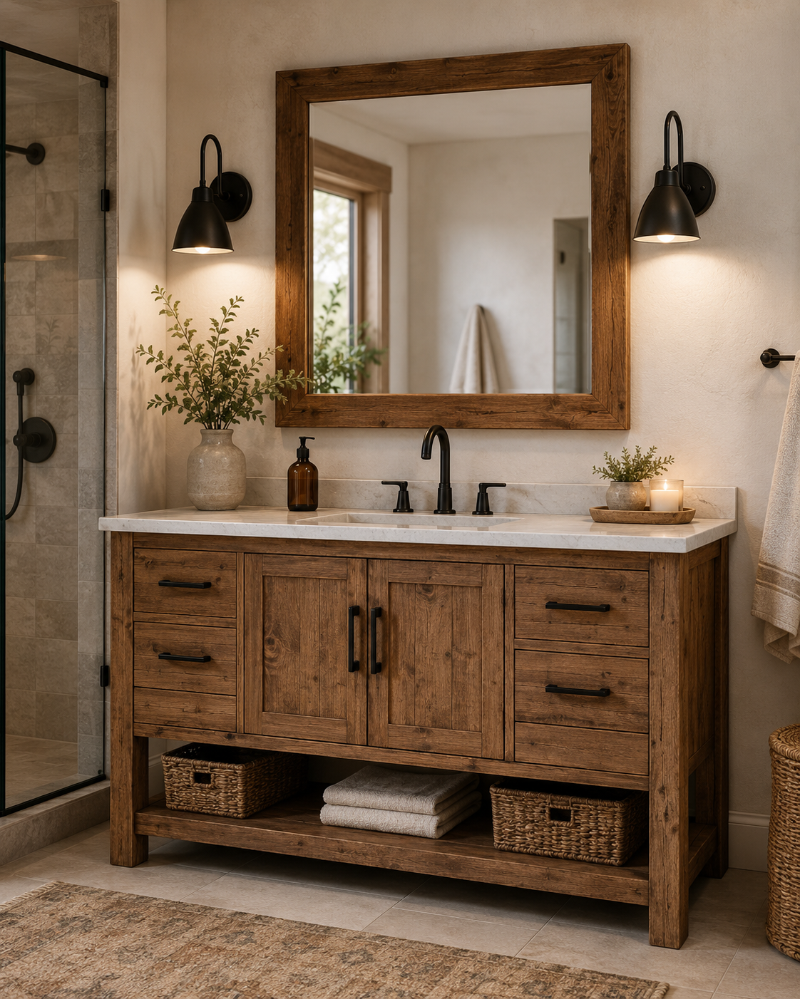 Rustic wood bathroom vanity with black hardware and wood framed mirror