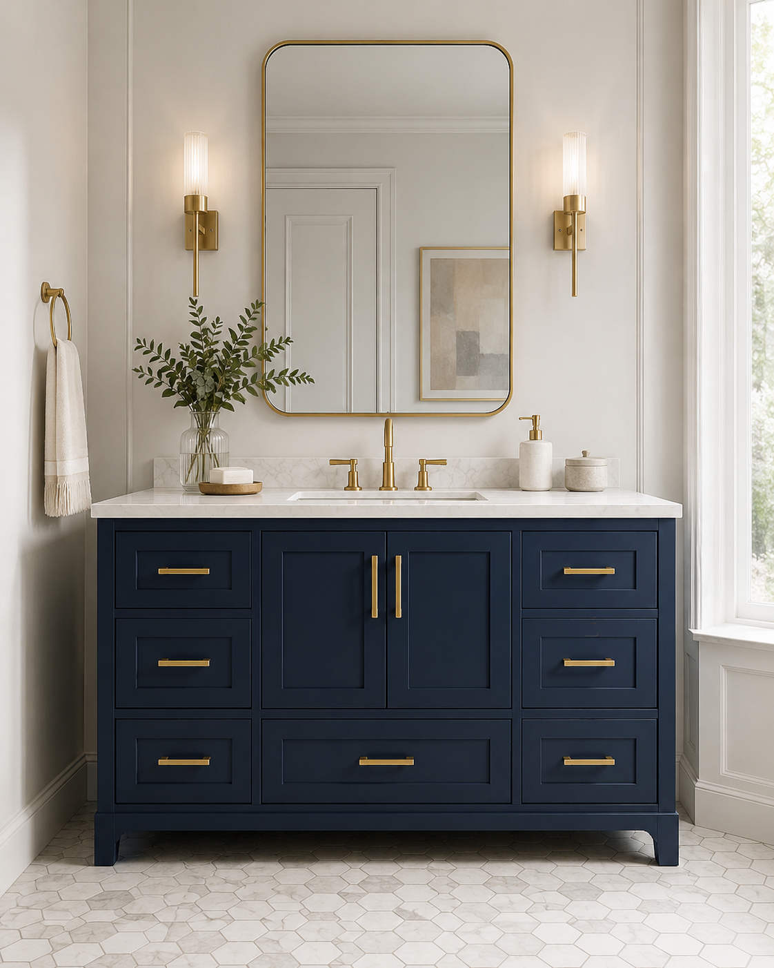 Navy and gold bathroom vanity with white countertop and framed mirror