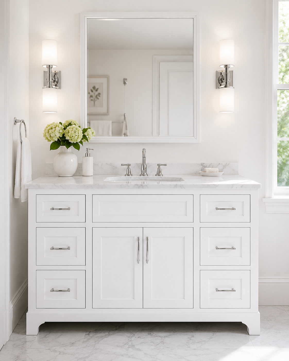 Classic white bathroom vanity with chrome faucet and framed mirror