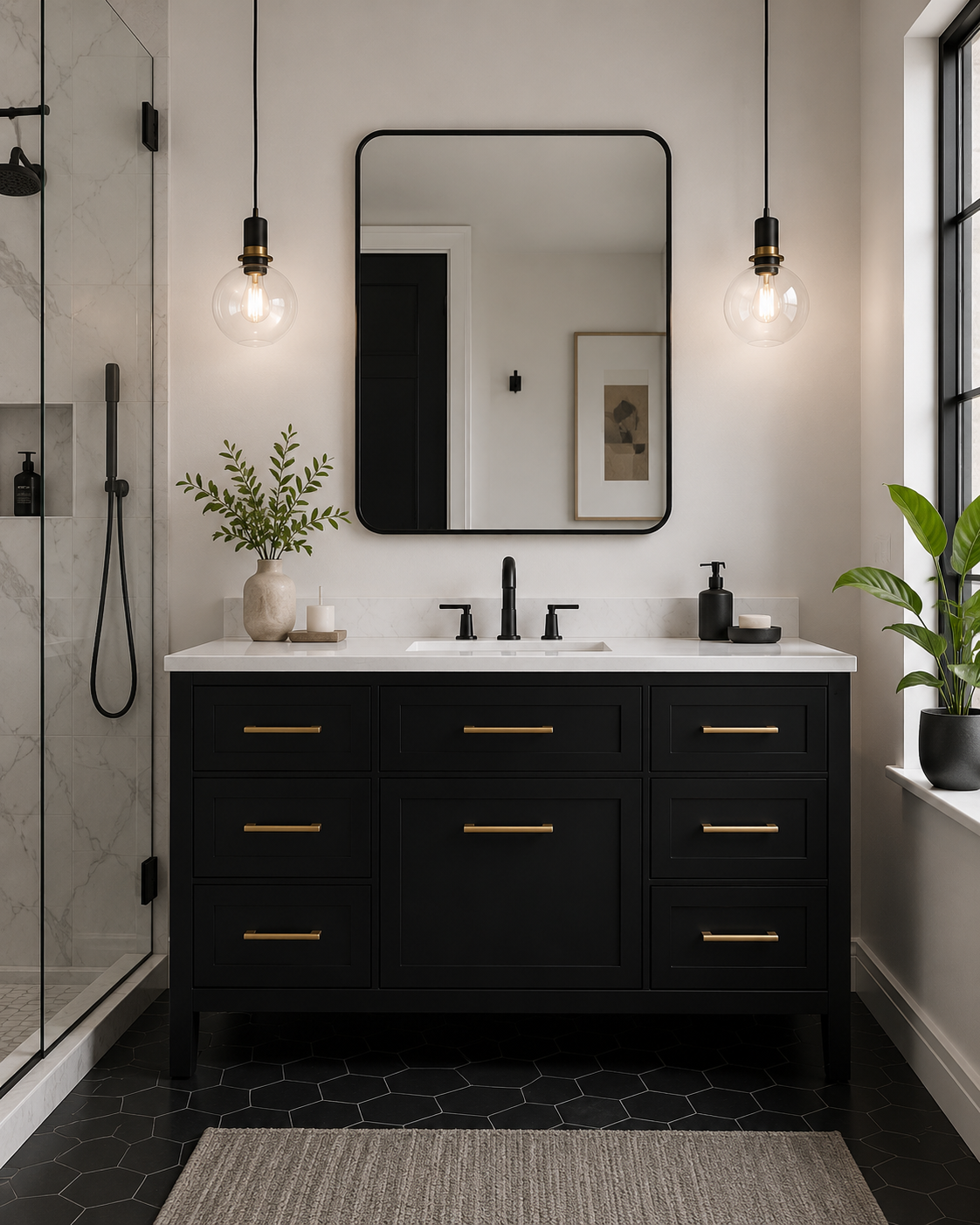 Black bathroom vanity with brass hardware and pendant lighting