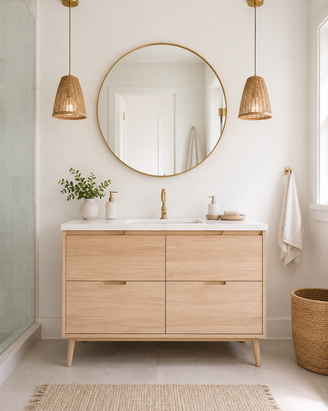 Light wood bathroom vanity with round mirror and pendant lights