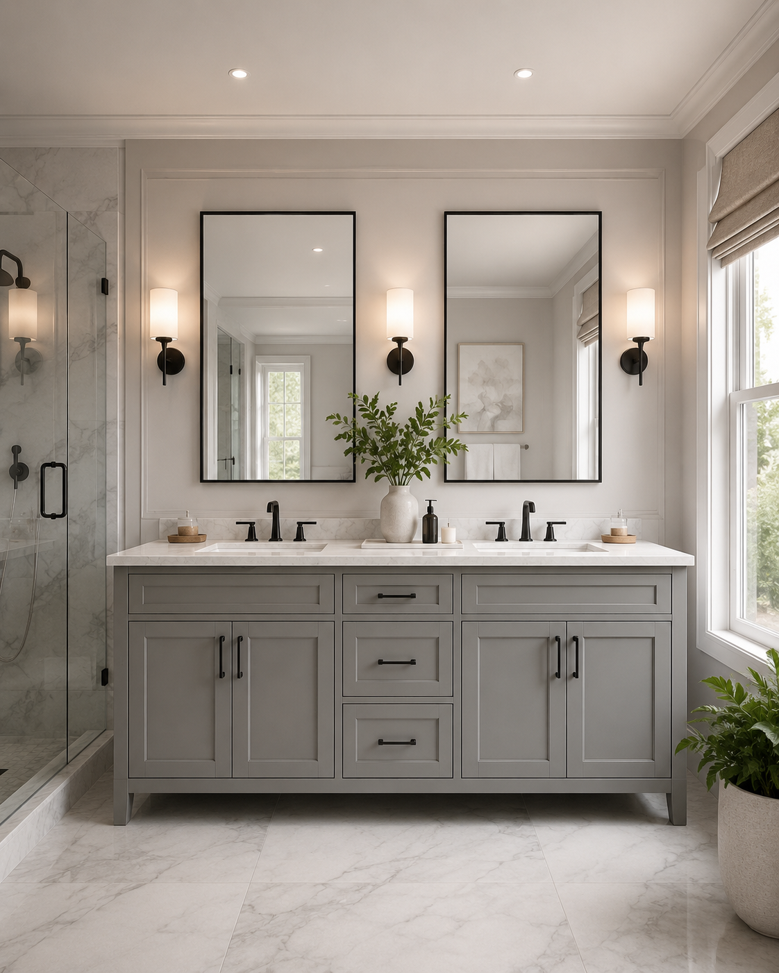 Double bathroom vanity with two sinks and two mirrors