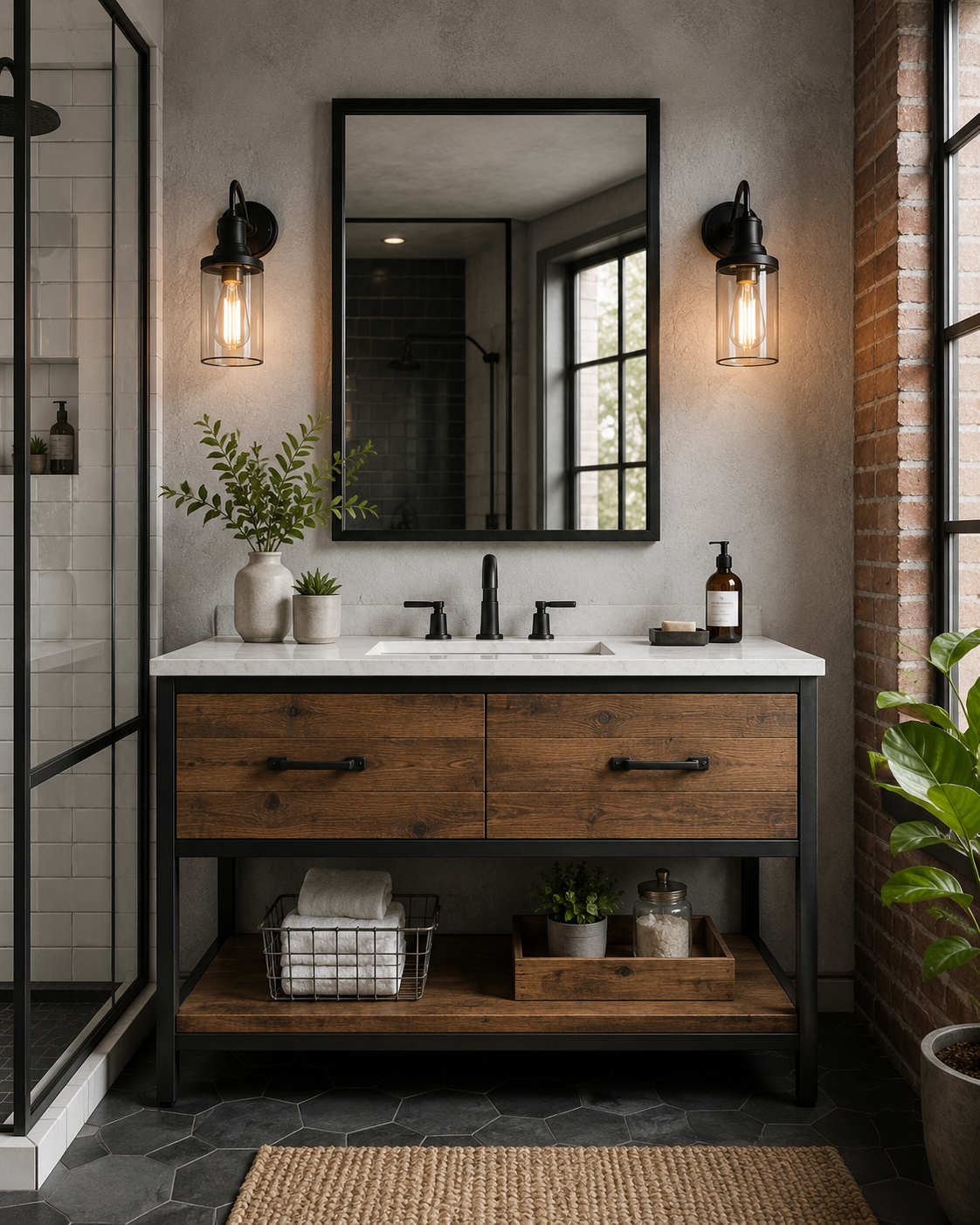 Industrial bathroom vanity with wood drawers and black metal frame