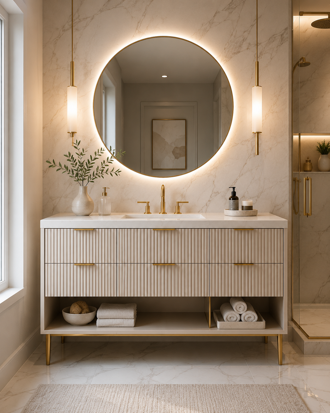Luxe modern bathroom vanity with round backlit mirror and gold faucet