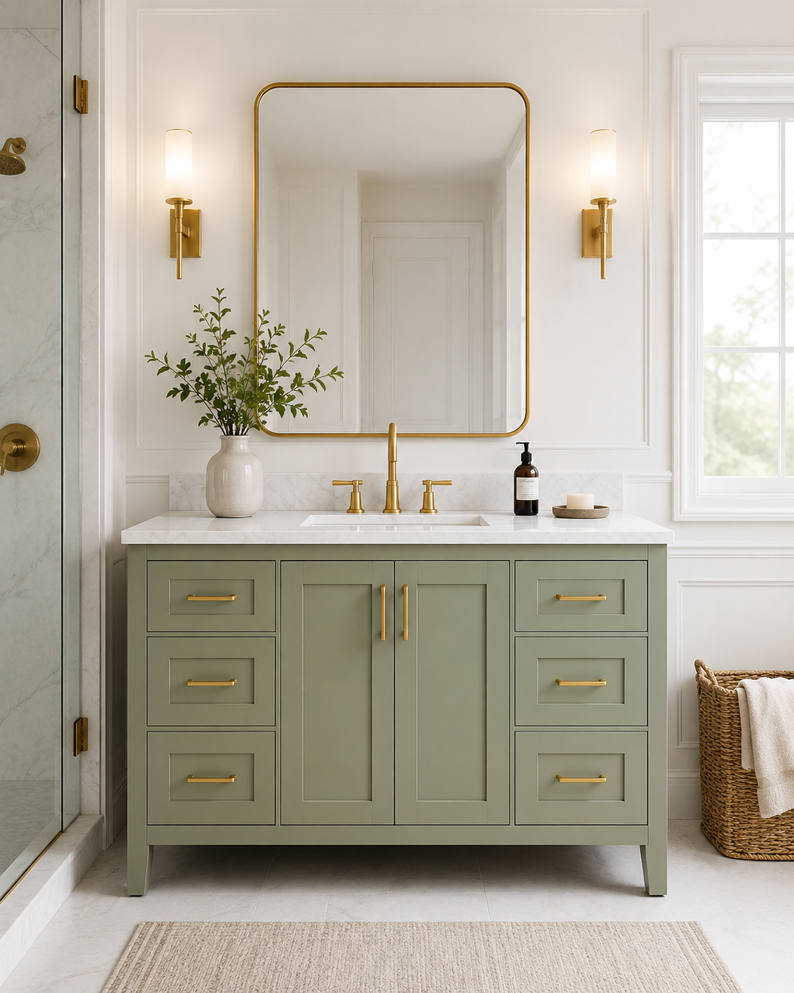 Green shaker bathroom vanity with brass faucet and framed mirror