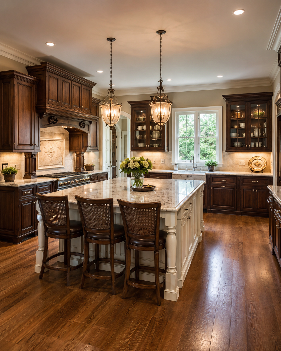 Traditional elegant kitchen with rich wood cabinetry, large island, glass cabinet doors, and classic lighting