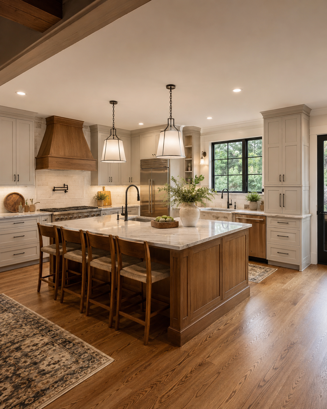 Warm transitional kitchen with wood island, cream cabinets, pendant lights, and natural flooring