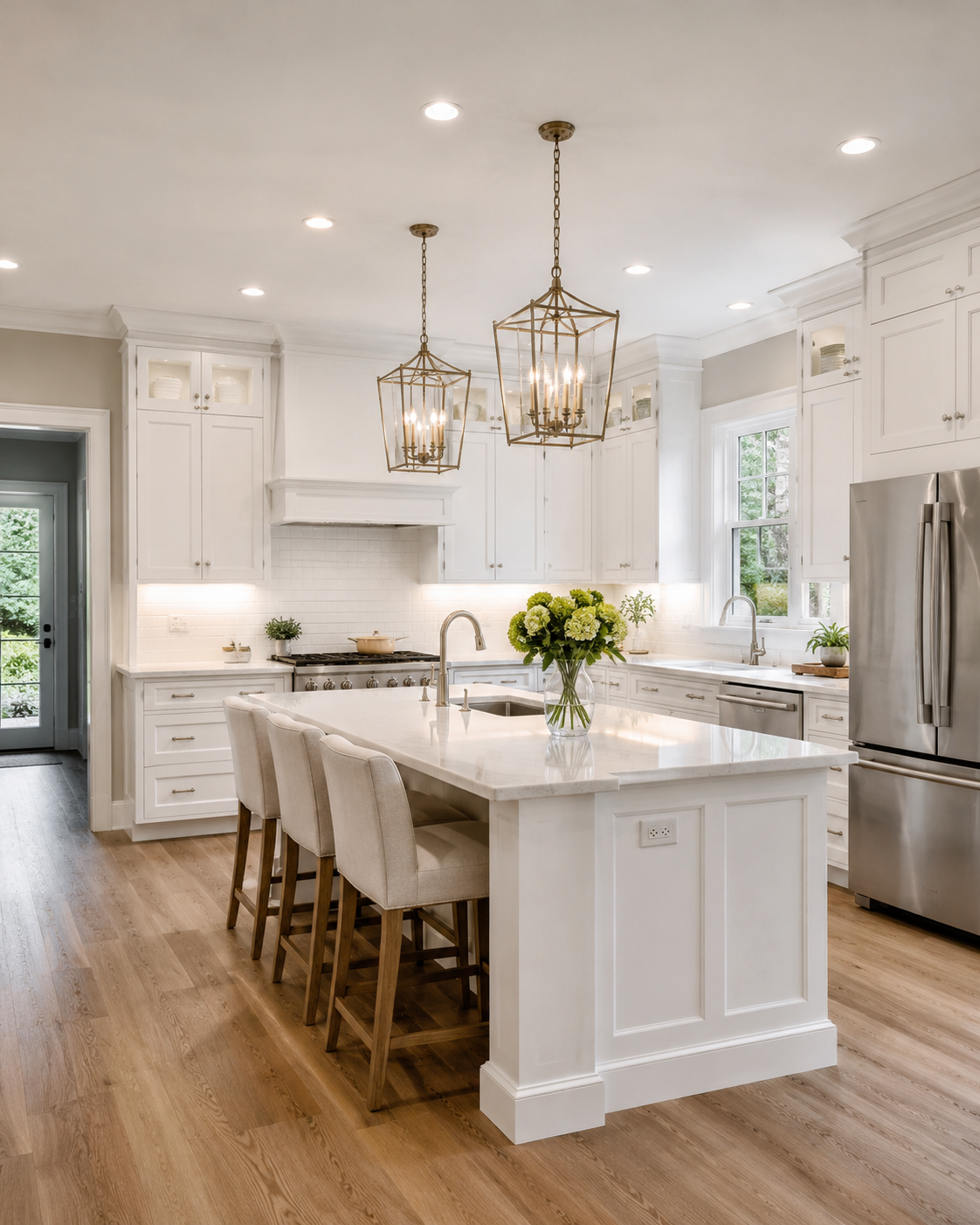 Classic white shaker kitchen with large island, brass pendant lights, stainless appliances, and wood floors