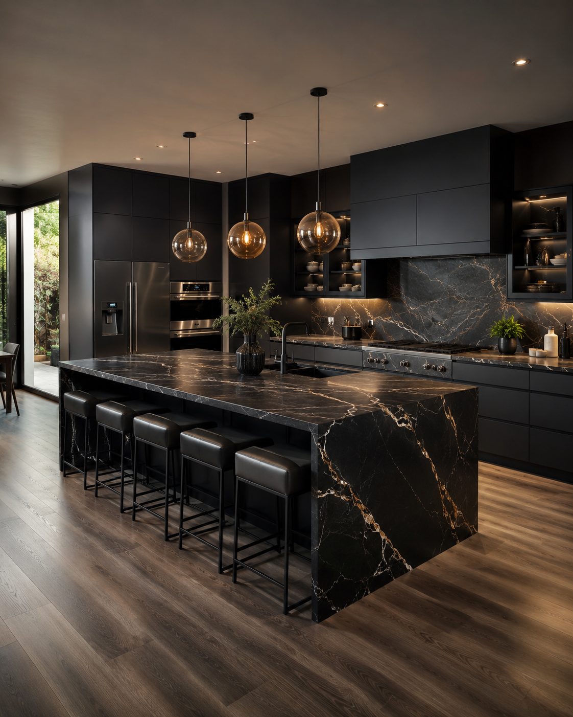 Contemporary dark kitchen with black cabinets, dramatic stone island, modern lighting, and wood flooring