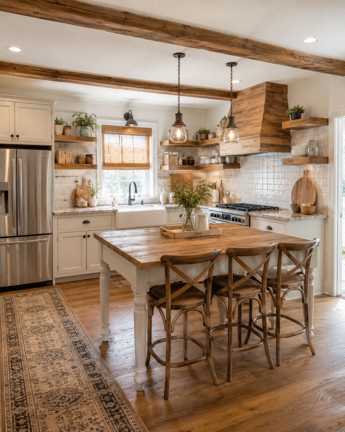 Farmhouse kitchen with rustic wood island, exposed beams, open shelving, apron sink, and warm natural finishes
