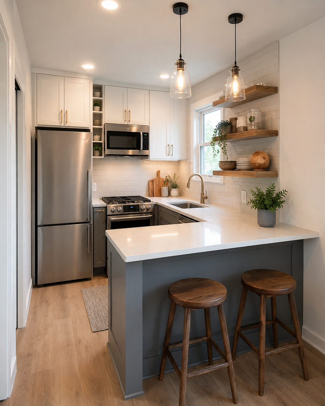Small compact kitchen with gray island, white cabinets, open shelves, pendant lights, and efficient layout