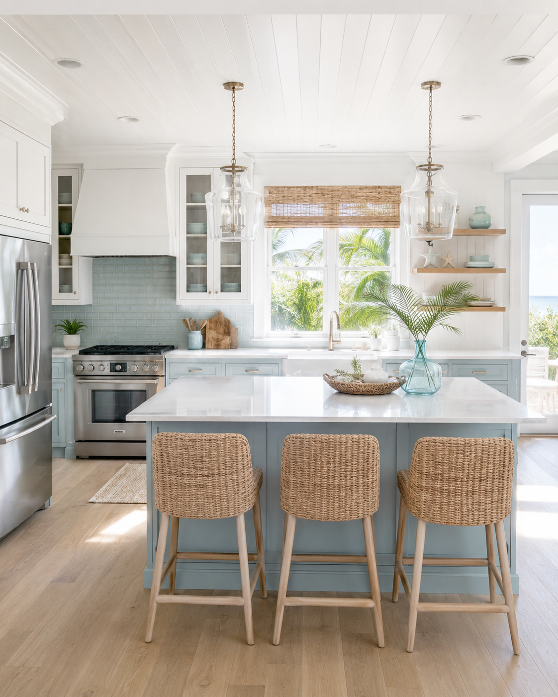Coastal kitchen with light blue island, white cabinets, woven stools, bright natural light, and beach-inspired finishes