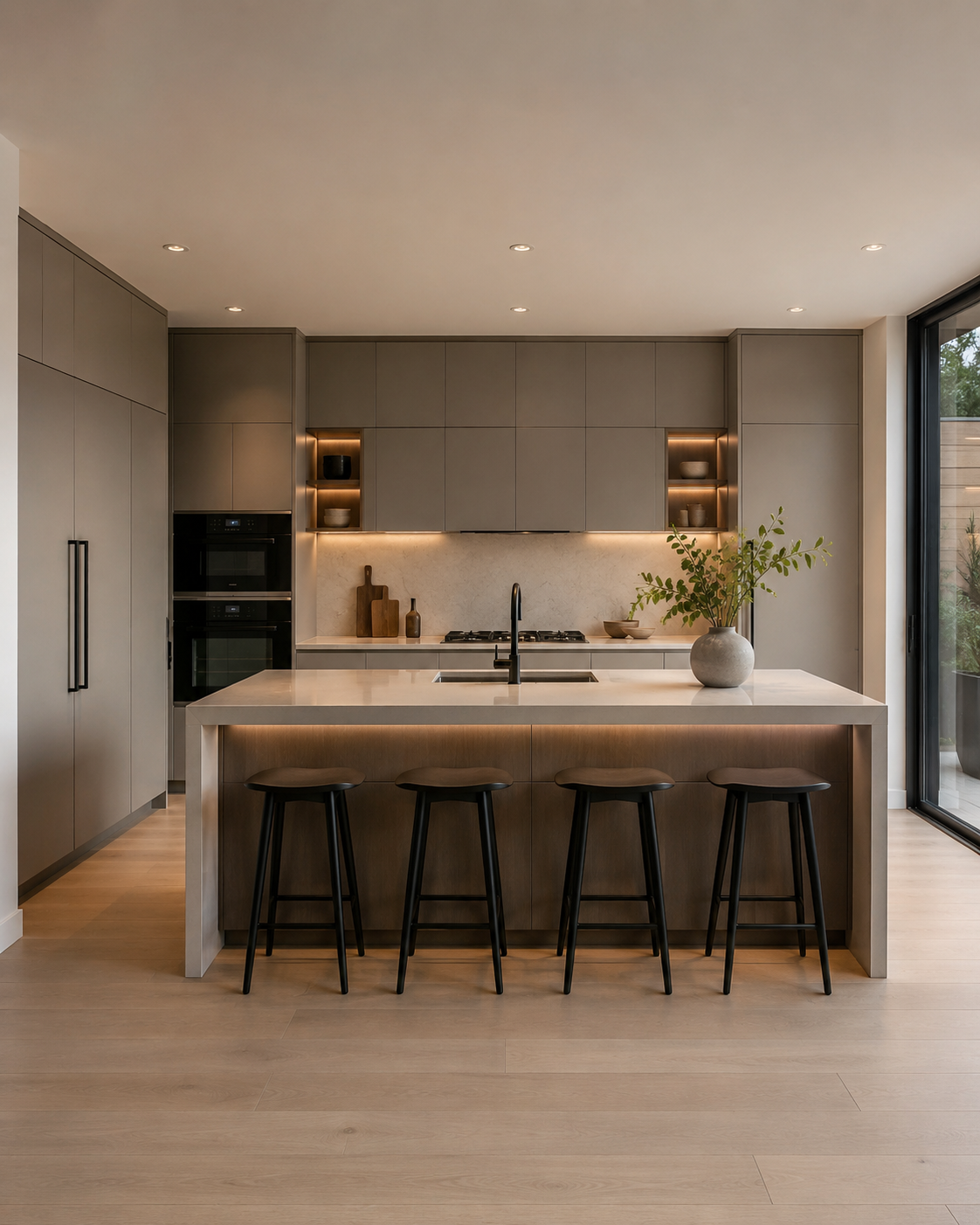 Modern minimalist kitchen with flat panel cabinets, large island, black stools, and clean integrated lighting