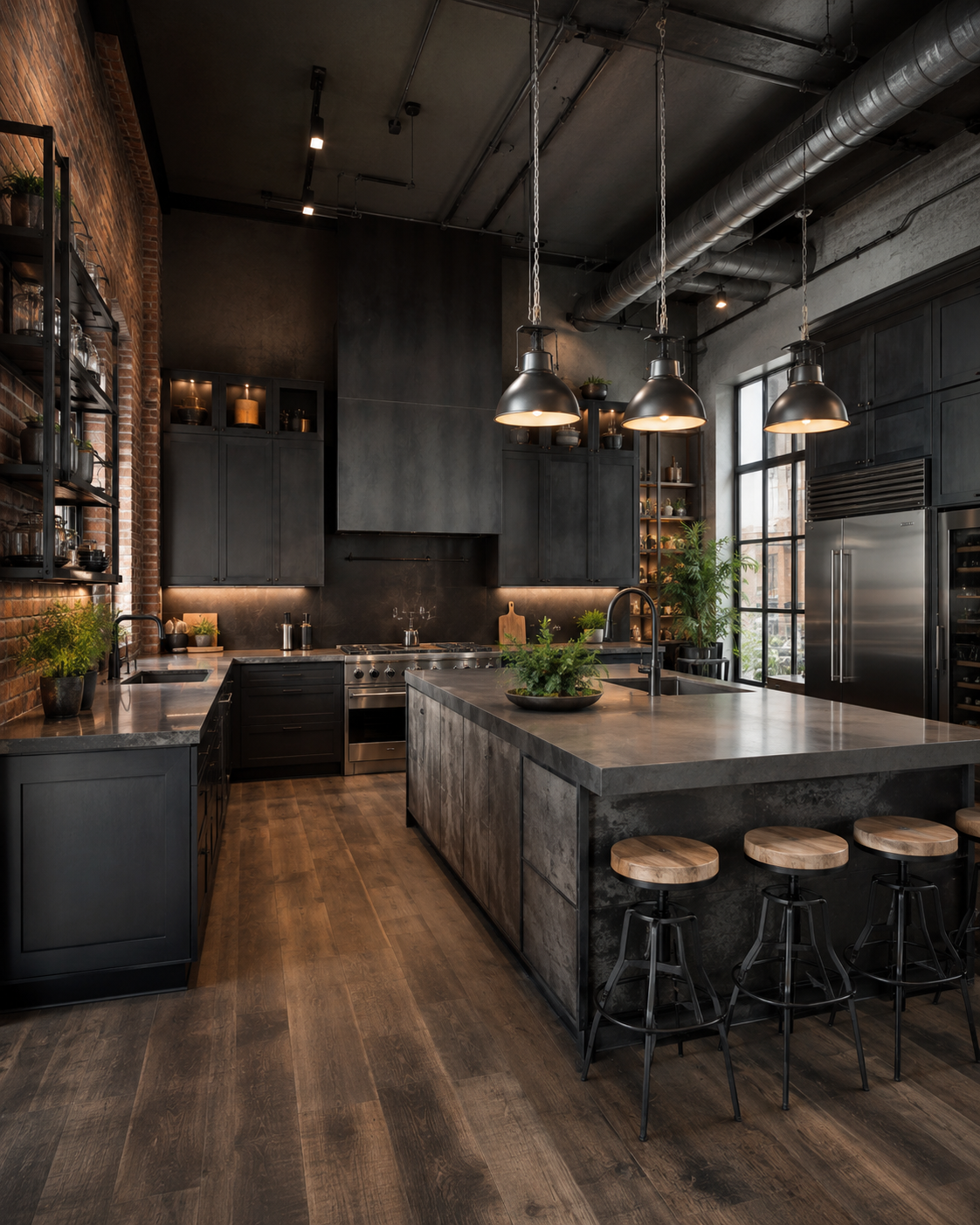 Industrial kitchen with brick accent wall, dark cabinets, exposed ductwork, metal lighting, and large island