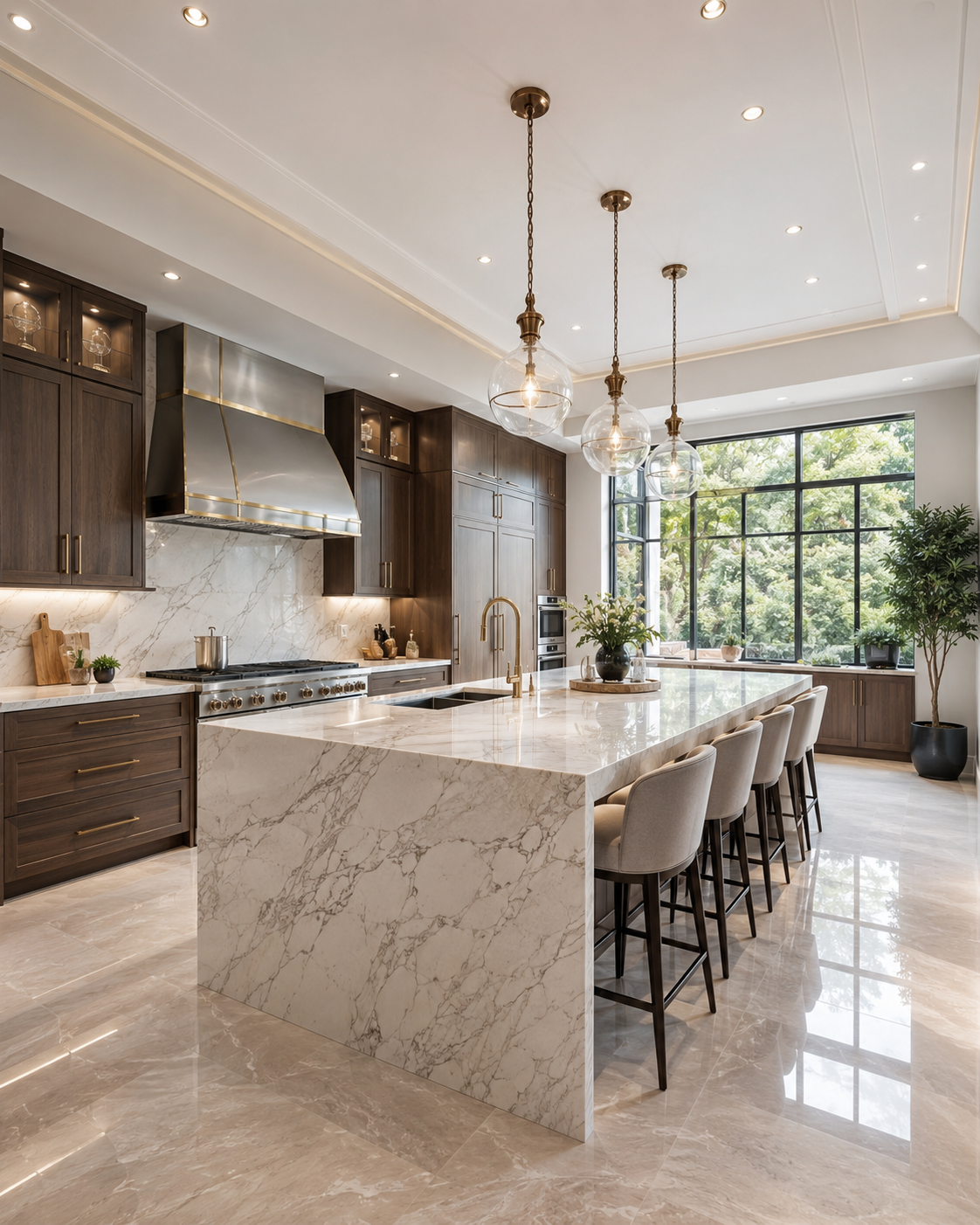 Large luxury modern kitchen with marble island, custom cabinets, statement lighting, and high-end finishes