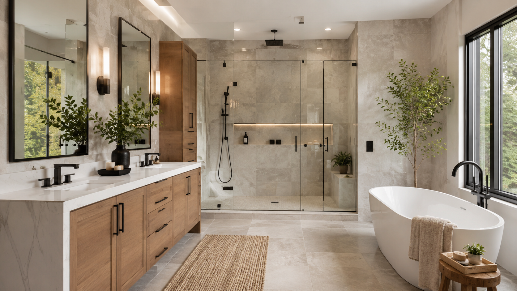 High-end master bathroom remodel with walk-in shower, soaking tub, double vanity, and warm wood cabinetry by TJC Remodeling in Gilbert AZ